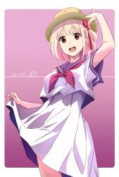 Rule 34 | 1girl, blonde hair, casual, dated, dress, gradient background, hair ribbon, hat, highres, looking at viewer, lycoris recoil, neckerchief, nii manabu, nishikigi chisato, open mouth, purple background, red eyes, red neckerchief, red ribbon, ribbon, short hair, signature, solo, white dress, yellow hat