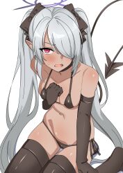 Rule 34 | 1girl, absurdres, bikini, black bikini, black bow, black choker, black gloves, black thighhighs, blue archive, blush, bow, breasts, choker, commentary request, dark-skinned female, dark skin, demon tail, elbow gloves, gloves, grey hair, hair bow, hair over one eye, halo, highres, iori (blue archive), iori (swimsuit) (blue archive), long hair, navel, open mouth, pointy ears, red eyes, seihekiog, simple background, sitting, small breasts, solo, stomach, sweatdrop, swimsuit, tail, thighhighs, twintails, very long hair, white background