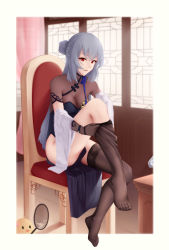 Rule 34 | 1girl, absurdres, azur lane, black gloves, black thighhighs, blue dress, bodystocking, breasts, chair, china dress, chinese clothes, cleavage, dress, elbow gloves, full body, gloves, grey hair, hair bun, highres, long hair, looking at viewer, manjuu (azur lane), medium breasts, mole, mole under eye, no shoes, nya cot, official alternate costume, open mouth, parted lips, red eyes, saint-louis (alluring administrator) (azur lane), saint-louis (azur lane), see-through, see-through cleavage, single hair bun, sitting, solo, thighhighs, thighs