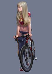 Rule 34 | 1girl, bicycle, biker clothes, black thighhighs, blonde hair, blunt bangs, blush, closed mouth, clothes writing, ferrari, full body, green eyes, hitomi kazuya, leg up, lips, looking back, looking to the side, midriff, navel, nose, open mouth, original, shoes, short hair, short sleeves, sneakers, soles, solo, standing, standing on one leg, stomach, thighhighs, wheel