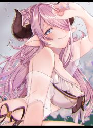 Rule 34 | 1girl, bikini, blue eyes, breasts, chi candy, draph, granblue fantasy, hair over one eye, highres, horns, large breasts, long hair, nail polish, narmaya (granblue fantasy), narmaya (summer) (granblue fantasy), pink hair, pointy ears, smile, solo, swimsuit, water, white bikini