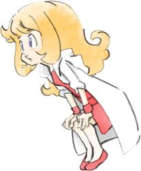 Rule 34 | 1girl, blue eyes, coat, dress, hands on own knees, leaning forward, long hair, lowres, mona (warioware), nintendo, official art, open clothes, open coat, orange hair, red dress, red footwear, red wristband, takeuchi kou, third-party source, warioware, warioware: get it together!, white coat, wristband