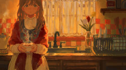 Rule 34 | 1girl, blue eyes, brown hair, collared dress, cup, dot nose, dress, floral print, flower, hair between eyes, holding, holding cup, indoors, kitchen, long hair, long sleeves, oimoti tn, open mouth, original, painterly, red shawl, shawl, solo, standing, steam, tareme, teapot, white dress