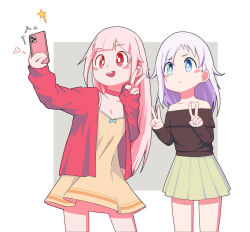 Rule 34 | 2girls, :d, bare shoulders, blue eyes, blush, cellphone, collarbone, double v, grand summoners, heart, holding, holding phone, long hair, long sleeves, multiple girls, open mouth, phone, pink hair, puppuppa, skirt, smartphone, smile, taking picture, v