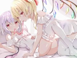 Rule 34 | 2girls, all fours, ass, bare shoulders, bed, blonde hair, bloom, blush, bow, chemise, collarbone, commentary request, crystal, dress, feet out of frame, fingernails, flandre scarlet, flat chest, girl on top, hair between eyes, hair bow, hand on own stomach, highres, incest, iyo (ya na kanji), knee up, light purple hair, looking at viewer, lying, mouth hold, multiple girls, no headwear, on back, on bed, one side up, pointy ears, red bow, red eyes, red ribbon, remilia scarlet, ribbon, ribbon in mouth, short hair, siblings, side ponytail, sisters, slit pupils, thighhighs, touhou, white background, white dress, white legwear, wings, yuri