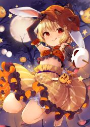 Rule 34 | 1girl, animal ears, arm up, barefoot, black gloves, blonde hair, bloomers, breasts, closed mouth, crop top, elbow gloves, feet, full body, full moon, gloves, highres, jack-o&#039;-lantern, kedama milk, licking lips, looking at viewer, microphone, moon, night, night sky, orange eyes, outdoors, pumpkin hat, rabbit ears, ringo (touhou), skirt, sky, small breasts, smile, solo, star (symbol), striped clothes, striped skirt, tongue, tongue out, touhou, tree, underwear, yellow skirt