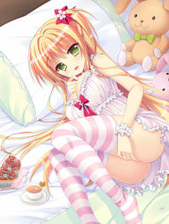 Rule 34 | 1girl, arisue tsukasa, ass, babydoll, blonde hair, bow, breasts, cleavage, cup, cupcake, dutch angle, facing viewer, feet out of frame, food, green eyes, hair bow, happy, indoors, large breasts, legs together, long hair, looking at viewer, lying, medium breasts, no shoes, on bed, on side, original, pillow, red bow, saucer, side ponytail, smile, solo, striped clothes, striped thighhighs, stuffed animal, stuffed rabbit, stuffed toy, tea, teacup, teddy bear, thighhighs