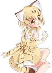 Rule 34 | 10s, 1girl, :o, absurdres, animal ears, bare shoulders, blonde hair, blouse, blush, bow, bowtie, cat ears, cat girl, cat tail, clenched hands, elbow gloves, eyelashes, fang, footwear ribbon, frilled skirt, frills, from behind, from side, gloves, highres, kemono friends, looking at viewer, looking back, mousou (mousou temporary), multicolored hair, open mouth, paw pose, ribbon, sand cat (kemono friends), shirt, shoe soles, short hair, simple background, sitting, skirt, sleeveless, sleeveless shirt, solo, streaked hair, striped tail, tail, tareme, white background, white shirt, yellow eyes