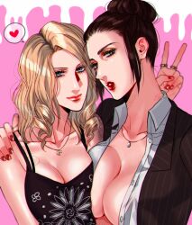 Rule 34 | 2girls, asymmetrical docking, blonde hair, blue eyes, breast press, breasts, brown hair, business suit, cleavage, closed mouth, collared shirt, dead by daylight, elina kuroe no daarin, formal, hair bun, jane romero, jewelry, kate denson, large breasts, lipstick, long hair, long sleeves, looking at viewer, makeup, multiple girls, nail polish, necklace, parted bangs, pendant, pout, red lips, red nails, ring, shirt, sidelocks, single hair bun, smile, suit, tank top, tattoo, v, wavy hair, white shirt, yuri