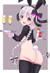Rule 34 | alcohol, ass, braid, champagne, fate/grand order, fate (series), flat chest, happy, heart pasties, highres, lube, meme attire, meta-tron, nursery rhyme (fate), pasties, rabbit ears, rabbit tail, reverse bunnysuit, reverse outfit, smile, thighhighs, tray, twin braids, twintails
