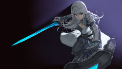 Rule 34 | 1girl, armor, belt, blue eyes, breasts, cleavage, cleavage cutout, clothing cutout, dual wielding, ethel (xenoblade), fighting stance, gauntlets, hair intakes, highres, holding, holding sword, holding weapon, large breasts, long hair, looking at viewer, shisshou senkoku, shoulder armor, solo, sword, weapon, white hair, xenoblade chronicles (series), xenoblade chronicles 3
