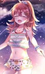 Rule 34 | 1girl, absurdres, anchor symbol, bare arms, bare shoulders, closed eyes, collarbone, commentary request, embers, hair between eyes, hair ornament, hair scrunchie, hairclip, high ponytail, highres, idolmaster, idolmaster shiny colors, komiya kaho, long hair, midriff, navel, night, night sky, open mouth, print shorts, red hair, scrunchie, shirt, short shorts, shorts, sky, sleeveless, solo, sorashima (117), striped clothes, striped shirt, striped tank top, tank top, wrist scrunchie