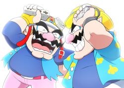 Rule 34 | 2boys, big nose, blue shirt, cleft chin, closed eyes, controller, facial hair, fingerless gloves, game controller, gloves, goggles, goggles on headwear, grin, hat, helmet, highres, hoshi (star-name2000), joy-con, motorcycle helmet, multiple boys, mustache, nintendo, open mouth, pants, pink pants, pointy ears, shirt, simple background, smile, thick eyebrows, wario, warioware, warioware: move it!, warioware: smooth moves, white background, wii remote, yellow gloves, yellow hat