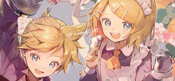 1boy 1girl :d apron arm_up black_dress black_jacket blonde_hair blue_eyes blush brother_and_sister butler collared_dress collared_shirt commentary_request dress formal frilled_apron frills hair_ornament hairclip holding ito_taera jacket kagamine_len kagamine_rin maid maid_apron maid_headdress open_mouth shirt siblings smile sugar_cube suit swept_bangs teeth tongs twins upper_teeth_only vocaloid white_apron white_shirt