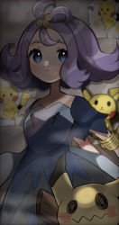 Rule 34 | 1girl, absurdres, acerola (pokemon), armlet, blue dress, character print, closed mouth, commentary request, creatures (company), drawing (object), dress, flipped hair, game freak, gen 1 pokemon, gen 7 pokemon, grey dress, hair ornament, hairclip, highres, indoors, kurumiya (krmy p), mimikyu, multicolored clothes, multicolored dress, nintendo, pikachu, pokemon, pokemon (creature), pokemon sm, purple hair, short sleeves, stitches, topknot, torn clothes, torn dress