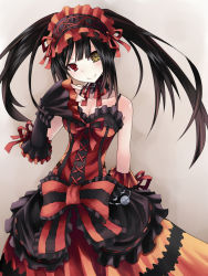 Rule 34 | 10s, 1girl, bare shoulders, black hair, bow, bowtie, breasts, cleavage, clock, clock eyes, collarbone, date a live, dress, frills, gothic lolita, grey background, hairband, head tilt, heterochromia, highres, keid, lolita fashion, lolita hairband, long hair, looking at viewer, red bow, red bowtie, red eyes, ribbon, simple background, smile, solo, standing, symbol-shaped pupils, tokisaki kurumi, twintails, yellow eyes