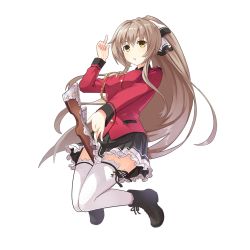 Rule 34 | 1girl, aiguillette, amagi brilliant park, black footwear, black skirt, boots, breasts, brown hair, full body, gun, hair intakes, hair ribbon, large breasts, long hair, military, military uniform, miniskirt, musket, neps-l, open mouth, ponytail, ribbon, sento isuzu, skirt, solo, thighhighs, transparent background, uniform, very long hair, weapon, white ribbon, white thighhighs, yellow eyes