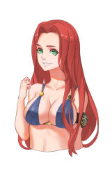 Rule 34 | 1girl, arm strap, bikini, blue bikini, breasts, cleavage, cowboy shot, green eyes, hair intakes, kantai collection, large breasts, long hair, looking at viewer, pacific (kancolle), parted lips, red hair, sima naoteng, smile, solo, swimsuit, teeth, upper body, uss argonaut (ss-166)