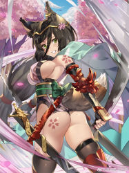 Rule 34 | animal ears, ass, black hair, black thighhighs, breasts, circlet, club3, day, dual wielding, earrings, flower, from behind, green eyes, hair between eyes, hair flower, hair ornament, highres, holding, japanese clothes, jewelry, katana, kimono, large breasts, long hair, looking back, low-tied long hair, obi, original, outdoors, parted lips, petals, sash, sheath, short kimono, sideboob, skindentation, sleeveless, sleeveless kimono, smile, solo, sword, tail, tattoo, thighhighs, thong, vambraces, very long hair, weapon, weibo watermark