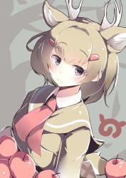 Rule 34 | 1girl, absurdres, animal ears, antlers, apple, blush, breast pocket, breasts, brown eyes, brown hair, closed mouth, collared shirt, deer ears, deer tail, extra ears, food, fruit, hair ornament, hairclip, highres, horns, japari symbol, kanzakietc, kemono friends, large breasts, looking at viewer, medium hair, mule deer (kemono friends), pocket, red neckwear, shirt, smile, solo, tail, white shirt