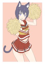 Rule 34 | 1girl, nanashi inc., :d, absurdres, animal ear fluff, animal ears, animare, bad id, bad twitter id, blush, border, cat ears, cat tail, cheerleader, colored skin, contrapposto, cowboy shot, donguri suzume, highres, kuroneko nanashi, looking at viewer, navel, open mouth, pink background, pleated skirt, pom pom (cheerleading), purple eyes, purple hair, red skin, red vest, simple background, skirt, smile, solo, tail, vest, virtual youtuber, white border