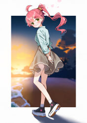 Rule 34 | 1girl, absurdres, ahoge, alternate costume, arms behind back, beach, black footwear, blurry, blurry background, blush, border, braid, braided ponytail, closed mouth, cloud, cloudy sky, collared shirt, commentary, from behind, full body, green eyes, grey skirt, hair between eyes, hair ornament, head tilt, highres, hololive, long hair, looking at viewer, looking back, outside border, pink hair, ponytail, sakura miko, same jarashi, shirt, shirt tucked in, shoes, skirt, sky, sleeves rolled up, smile, sneakers, socks, solo, split mouth, standing, sunset, two-tone background, virtual youtuber, white background, white border, white shirt, white socks, x hair ornament