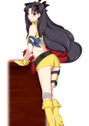 Rule 34 | 1girl, ass, bandaged leg, bandages, bare shoulders, black hair, blush, boots, commentary request, earrings, fate/grand order, fate (series), fingerless gloves, gloves, hair ornament, high heel boots, high heels, hoop earrings, iseshi, ishtar (fate), jewelry, knee boots, long hair, midriff, multicolored hair, parted bangs, parted lips, red eyes, red hair, short shorts, shorts, solo, space ishtar (fate), space ishtar (second ascension) (fate), two-tone hair, two side up, very long hair, vest, white background, yellow footwear, yellow gloves, yellow shorts, yellow vest