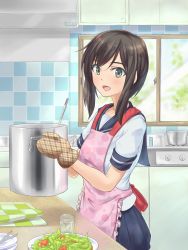 Rule 34 | 10s, 1girl, :d, apron, blue skirt, brown hair, food, fubuki (kancolle), kaname1341, kantai collection, kitchen, looking at viewer, mittens, open mouth, oven mitts, pink apron, pleated skirt, ponytail, pot, sailor collar, school uniform, serafuku, short hair, short ponytail, skirt, smile, solo, vegetable