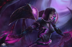 Rule 34 | 1girl, absurdres, artist name, black bodysuit, blurry, blurry background, bodysuit, breasts, commentary, cowboy shot, english commentary, facial mark, geus (just geus), glowing, highres, kai&#039;sa, large breasts, league of legends, long hair, long sleeves, looking at viewer, parted bangs, pink eyes, purple hair, solo, tentacles, upper body, wings