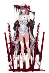 Rule 34 | 1girl, barefoot, black jacket, blood, blood on feet, bow, choker, clothes lift, colored skin, dress, dress lift, eden&#039;s ritter grenze, extra arms, eyepatch, fingernails, flat chest, frilled choker, frilled dress, frills, full body, gloves, grey background, grey hair, grin, hat, hat bow, hemokinesis, highres, holding, holding sword, holding weapon, jacket, kageshio (276006), long hair, looking at viewer, nail polish, off shoulder, one eye covered, red bow, red eyes, red gloves, red nails, reverse grip, simple background, smile, solo, standing, sword, teeth, weapon, white bow, white dress, white hat, white skin