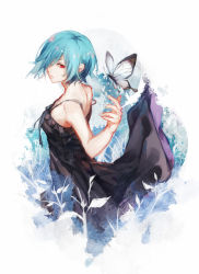 Rule 34 | 10s, 1girl, black dress, blue hair, bug, butterfly, dress, fuurin, hair over one eye, hand up, bug, kirishima touka, looking at viewer, red eyes, short hair, sleeveless, solo, tokyo ghoul