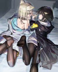 Rule 34 | 2girls, absurdres, animal ears, arknights, arknights: endfield, bare back, bare shoulders, bird ears, black hair, black jacket, black pantyhose, blonde hair, blue eyes, cellphone, endministrator (arknights), feet, female endministrator (arknights), from behind, head rest, highres, holding, holding phone, hood, hood down, hooded jacket, jacket, layered sleeves, long sleeves, looking at another, lying, moyume, multiple girls, no shoes, off shoulder, on bed, on stomach, open clothes, open jacket, pantyhose, perlica (arknights), phone, short hair, smartphone, toes, white jacket, white swimsuit, yellow eyes