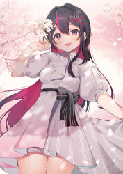 Rule 34 | 1girl, absurdres, azki (4th costume) (hololive), azki (hololive), black hair, blush, bracelet, cherry blossoms, colored inner hair, dress, hair ornament, highres, hololive, jewelry, long hair, looking at viewer, mole, mole under eye, multicolored hair, nyasunyadoora, open mouth, pink eyes, puffy short sleeves, puffy sleeves, red hair, short sleeves, solo, virtual youtuber, white dress