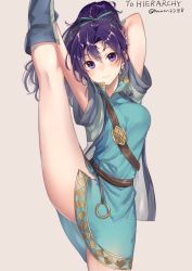 Rule 34 | 1girl, arms up, artist name, blush, boots, bow, bowtie, breasts, closed mouth, commentary, dress, fir (fire emblem), fire emblem, fire emblem: the binding blade, grey background, haru (nakajou-28), highres, knee boots, lips, long hair, looking at viewer, medium breasts, nintendo, purple eyes, purple hair, second-party source, short dress, short sleeves, simple background, smile, solo, split, standing, standing on one leg, standing split, thighs, torn clothes
