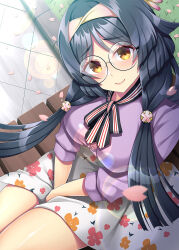 Rule 34 | 1girl, bench, black hair, brown eyes, cowboy shot, floral print, from above, glasses, hairband, heian maru (kancolle), heian maru (spring mode) (kancolle), kantai collection, looking at viewer, neck ribbon, official alternate costume, petals, pink hairband, purple shirt, ribbon, round eyewear, ruin re birth, shirt, skirt, solo, v arms, white skirt