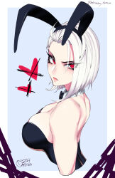 Rule 34 | 1girl, animal ears, artist name, astaroth (orouu), bare shoulders, black bow, black bowtie, black leotard, blush, border, bow, bowtie, breasts, cleavage, commentary, dated, detached collar, english commentary, fake animal ears, grey hair, heart, highres, large breasts, leotard, light blue background, looking at viewer, original, orouu, playboy bunny, red eyes, short hair, simple background, solo, strapless, strapless leotard, upper body, white border, x mark