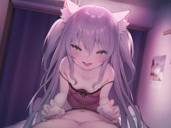 Rule 34 | 1boy, 1girl, :d, absurdres, animal ear fluff, animal ears, bare shoulders, breasts, cat ears, claw pose, collarbone, green eyes, hair between eyes, half-closed eyes, highres, indoors, lingerie, long hair, looking at viewer, negligee, nipples, non-web source, open mouth, original, pokachu, pov, purple hair, small breasts, smile, solo focus, straddling, strap slip, two side up, underwear, underwear only, very long hair