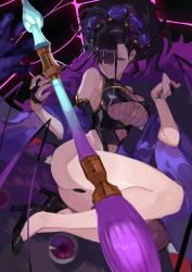 Rule 34 | absurdres, ass, black hair, breasts, fate/grand order, fate (series), hair ornament, high heels, highres, large breasts, legs, legs folded, legs together, leotard, long hair, looking at viewer, lying, murasaki shikibu (fate), murasaki shikibu (swimsuit rider) (fate), murasaki shikibu (swimsuit rider) (first ascension) (fate), on side, paintbrush, silk, solo, spider web, thighs, uedrk yamato
