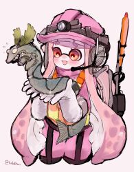 Rule 34 | 1girl, artist name, blush, commentary request, gloves, helmet, highres, horrorboros, hsk8tori, inkling, inkling girl, inkling player character, lifebuoy, long hair, nintendo, open mouth, pink hair, red eyes, rubber gloves, salmon run (splatoon), simple background, smile, solo, splatoon (series), splatoon 3, standing, swim ring, tentacle hair, thick eyebrows, twitter username, very long hair, white background, white glvoes
