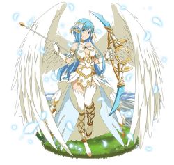 Rule 34 | 1girl, arrow (projectile), asuna (sao-alo), blue eyes, blue hair, bow (weapon), bracelet, breasts, cleavage, dress, elbow gloves, feathered wings, full body, gloves, hair ornament, head tilt, holding, holding arrow, holding bow (weapon), holding weapon, jewelry, long hair, looking at viewer, medium breasts, pointy ears, short dress, simple background, sleeveless, sleeveless dress, smile, solo, strapless, strapless dress, sword art online, thighhighs, very long hair, weapon, white background, white dress, white gloves, white thighhighs, white wings, wings