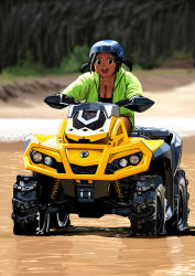 Rule 34 | 1girl, all-terrain vehicle, arung samudra (cessa), beach, black eyes, black hair, breasts, cessa, cleavage, dark-skinned female, dark skin, day, green jacket, helmet, hood, hood down, jacket, medium breasts, ombok diving and delivery services, open mouth, outdoors, shadow, short hair, short twintails, smile, solo, twintails, water