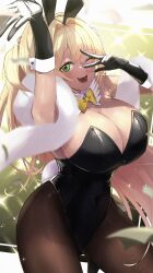 Rule 34 | 1girl, :d, absurdres, animal ears, black gloves, black leotard, blonde hair, blush, bow, bowtie, breasts, brown pantyhose, cleavage, detached collar, earrings, fake animal ears, fake tail, fang, feather boa, fujisaki subaru, gloves, goddess of victory: nikke, green eyes, hair ornament, highleg, highleg leotard, highres, huge breasts, jewelry, leotard, long hair, looking at viewer, official alternate costume, open mouth, pantyhose, playboy bunny, ponytail, rabbit ears, rabbit tail, rupee (nikke), rupee (rabbit deluxe) (nikke), skin fang, smile, solo, strapless, strapless leotard, tail, v over eye, yellow bow, yellow bowtie