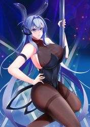 Rule 34 | 1girl, :3, absurdly long hair, absurdres, anchor ornament, animal ears, arm strap, azur lane, bare shoulders, black leotard, black pantyhose, blue eyes, blue hair, bodystocking, breasts, cleavage, covered navel, fake animal ears, hair between eyes, highleg, highleg leotard, highres, huge breasts, huge filesize, kuromame teruru, leotard, long hair, new jersey (azur lane), new jersey (exhilarating steps!) (azur lane), nightclub, official alternate costume, oversized breast cup, pantyhose, playboy bunny, pole, pole dancing, rabbit ears, see-through, see-through cleavage, sideboob, solo, stage lights, strapless, strapless leotard, stripper, stripper pole, thighband pantyhose, very long hair