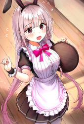 Rule 34 | 1girl, animal ears, apron, black eyes, blush, breasts, commentary request, dress, fake animal ears, from above, hair ornament, hairclip, holding, indoors, large breasts, long hair, looking at viewer, maid, maid apron, original, pink neckwear, pink ribbon, rabbit ears, rangu, ribbon, solo, usagyaru (rangu), very long hair, wavy mouth, wooden floor, wrist cuffs