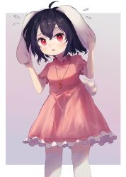 Rule 34 | 1girl, :3, :d, ahoge, animal ears, ar (maeus), black hair, carrot necklace, dress, feet out of frame, floppy ears, flying sweatdrops, grey background, highres, inaba tewi, jewelry, looking at viewer, necklace, open mouth, pink dress, rabbit ears, rabbit girl, rabbit tail, red eyes, short hair, short sleeves, smile, solo, standing, tail, touhou