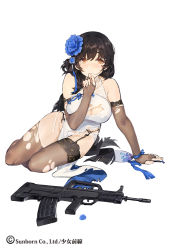 Rule 34 | 1girl, assault rifle, bare shoulders, black gloves, black hair, black thighhighs, blush, breasts, bullpup, china dress, chinese clothes, cleavage, dress, elbow gloves, fingerless gloves, garter belt, garter straps, girls&#039; frontline, gloves, gun, kishiyo, long hair, looking at viewer, mole, mole under eye, official alternate costume, panties, qbz-95, rifle, solo, thighhighs, torn clothes, torn gloves, torn thighhighs, type 95 (girls&#039; frontline), underwear, weapon, white panties, yellow eyes