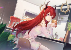 Rule 34 | 1girl, alternate costume, arknights, bare shoulders, blurry, blurry foreground, closed mouth, cup, depth of field, flower, food, gogatsu fukuin, hair between eyes, hands up, holding, horns, indoors, lofter username, long sleeves, mug, off shoulder, plate, puffy long sleeves, puffy sleeves, purple eyes, red hair, shirt, short shorts, shorts, sitting, solo, stool, surtr (arknights), twitter username, watermark, weibo watermark, white flower, white shirt, white shorts
