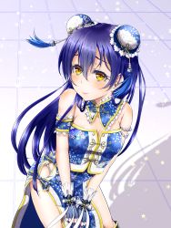 Rule 34 | 10s, 1girl, absurdres, blue hair, blush, breasts, china dress, chinese clothes, cleavage, dress, frills, hair bobbles, hair ornament, hands on lap, highres, looking at viewer, love live!, love live! school idol festival, love live! school idol project, medium breasts, panties, ramucha, solo, sonoda umi, underwear, white panties