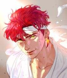 Rule 34 | 1boy, an kyoung, closed mouth, collarbone, dirty, dirty face, facial scar, grand chase, grey background, headband, jin (grand chase), korean commentary, looking at viewer, male focus, red hair, scar, scar on cheek, scar on face, short hair, solo, sweat, thick eyebrows, white headband, yellow eyes