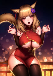 Rule 34 | 1girl, animal ears, areola slip, bare shoulders, black thighhighs, blunt bangs, blush, breasts, brown hair, cat ears, cat girl, cat tail, china dress, chinese clothes, clothing cutout, commission, covered navel, cowboy shot, detached sleeves, dress, eatora, facial mark, final fantasy, final fantasy xiv, flower, hair flower, hair ornament, hair ribbon, highres, large breasts, light particles, long hair, long sleeves, looking at viewer, miqo&#039;te, nail polish, on railing, open mouth, orange eyes, pelvic curtain, purple flower, railing, red dress, red nails, red ribbon, ribbon, sitting, skeb commission, skindentation, solo, sweat, tail, thighhighs, underboob cutout, v-shaped eyebrows, warrior of light (ff14), whisker markings